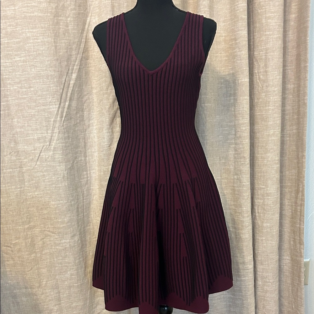 Milly Burgundy Ribbed V-Neck Flared Mini Dress
